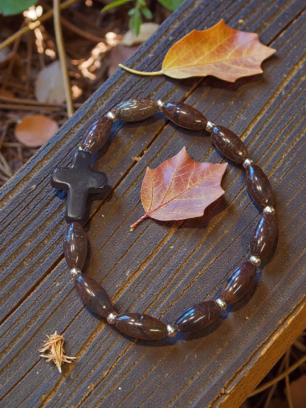 Handmade Style and Stone Brown Stone Oval Bead Hematite Cross Bracelet
​